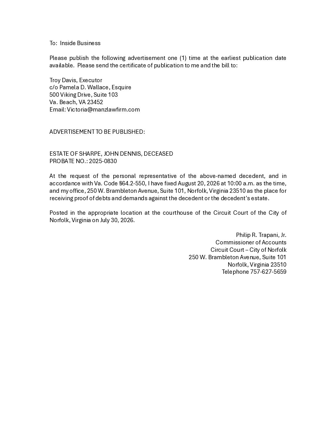 Notice for Estate of Sharpe, John Dennis, Deceased