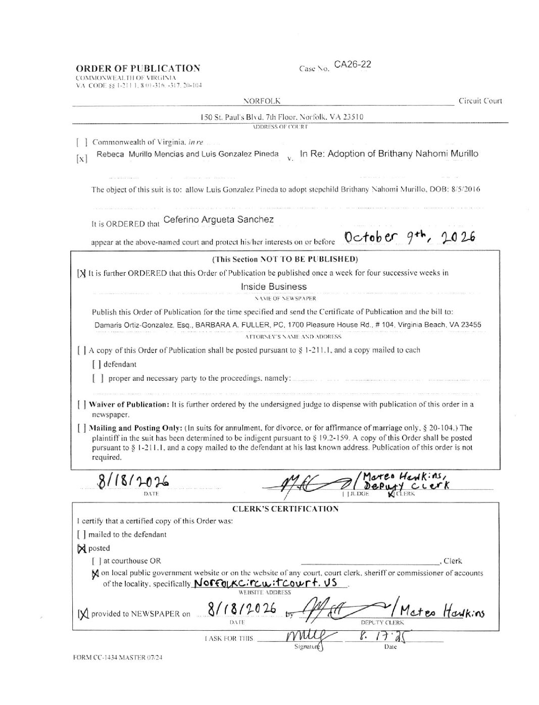 CA26-22 Order of Publication