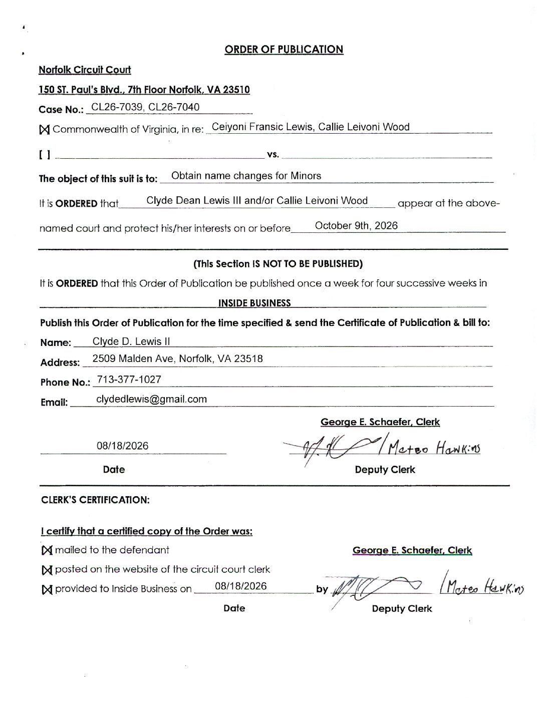 CL26-7039 and CL26-7040 Order of Publication