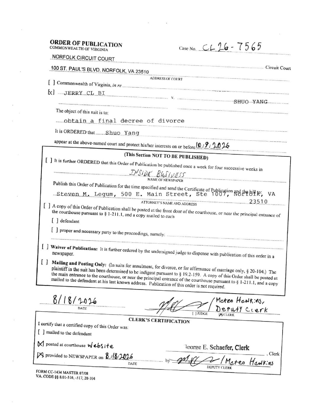 CL26-7565 Order of Publication