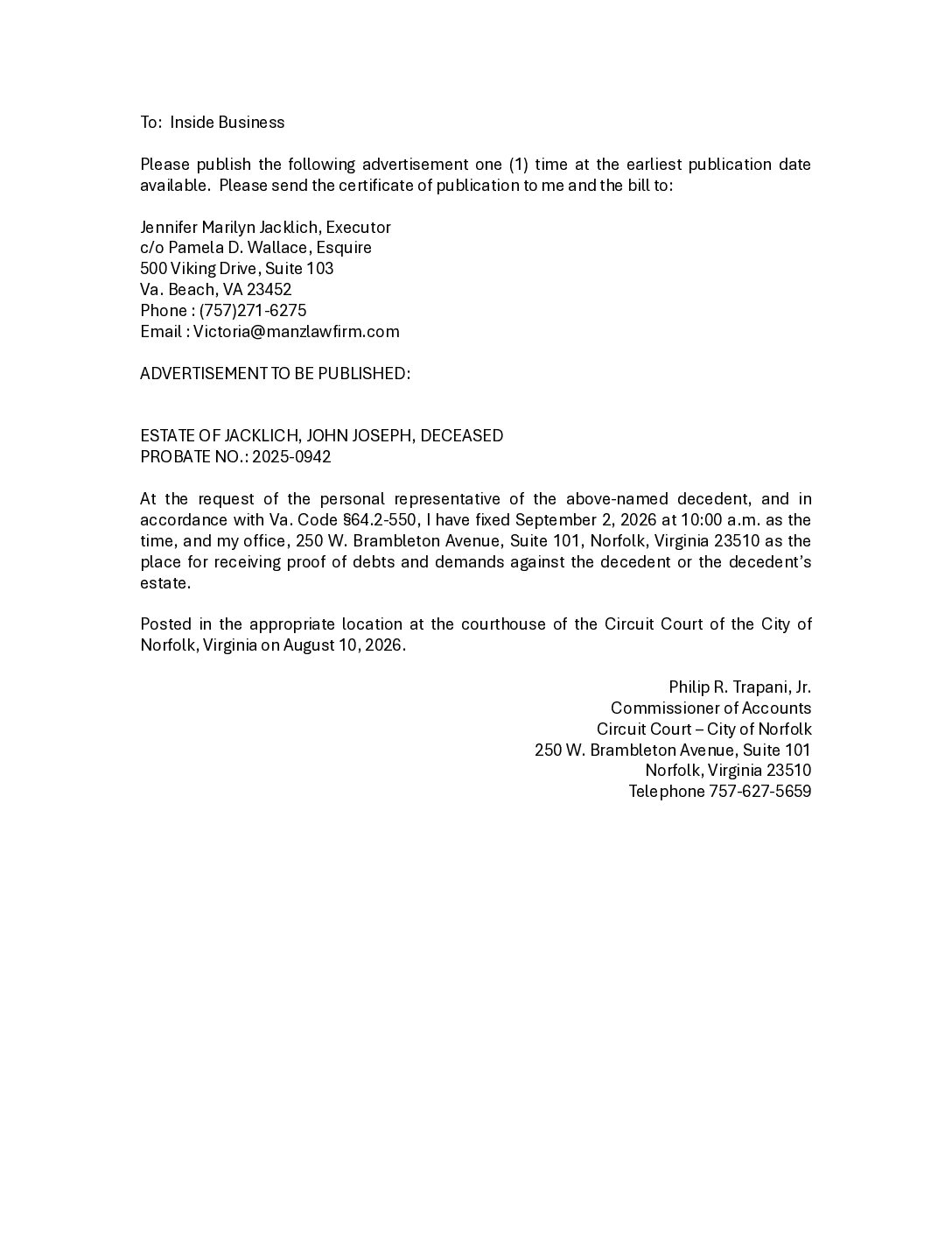 Notice for Estate of Jacklich, John Joseph, Deceased