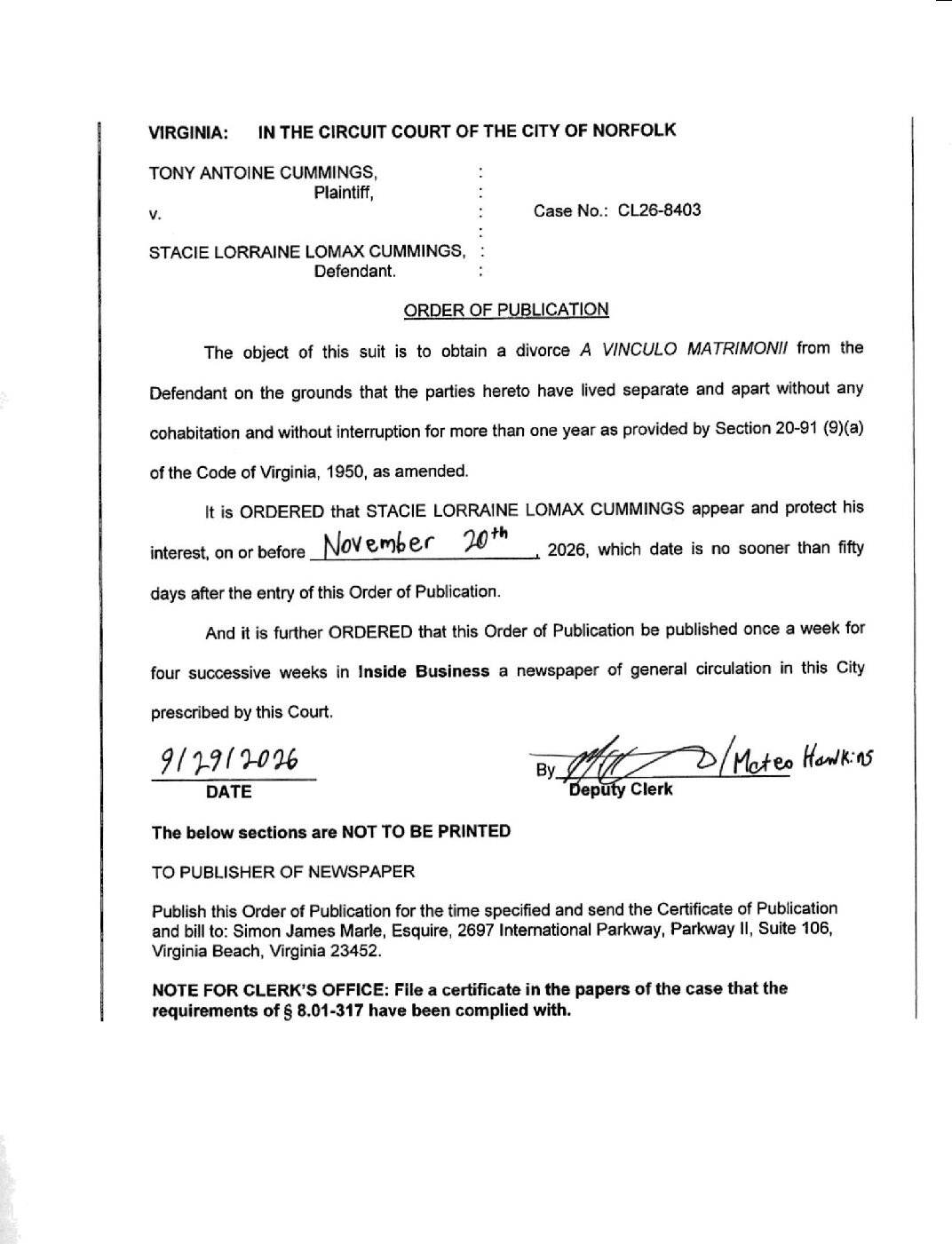 CL26-8403 Order of Publication
