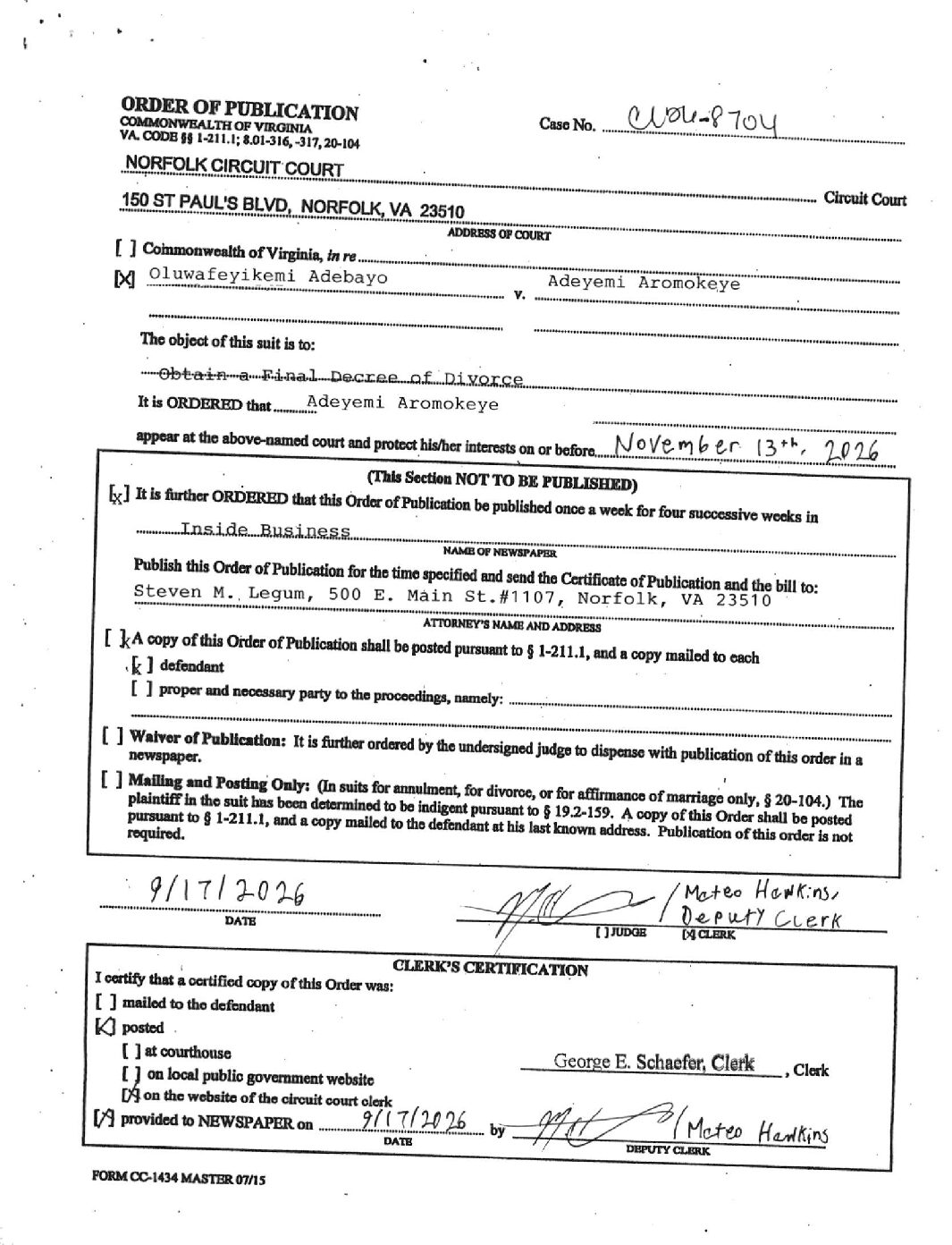 CL26-8704 Order of Publication