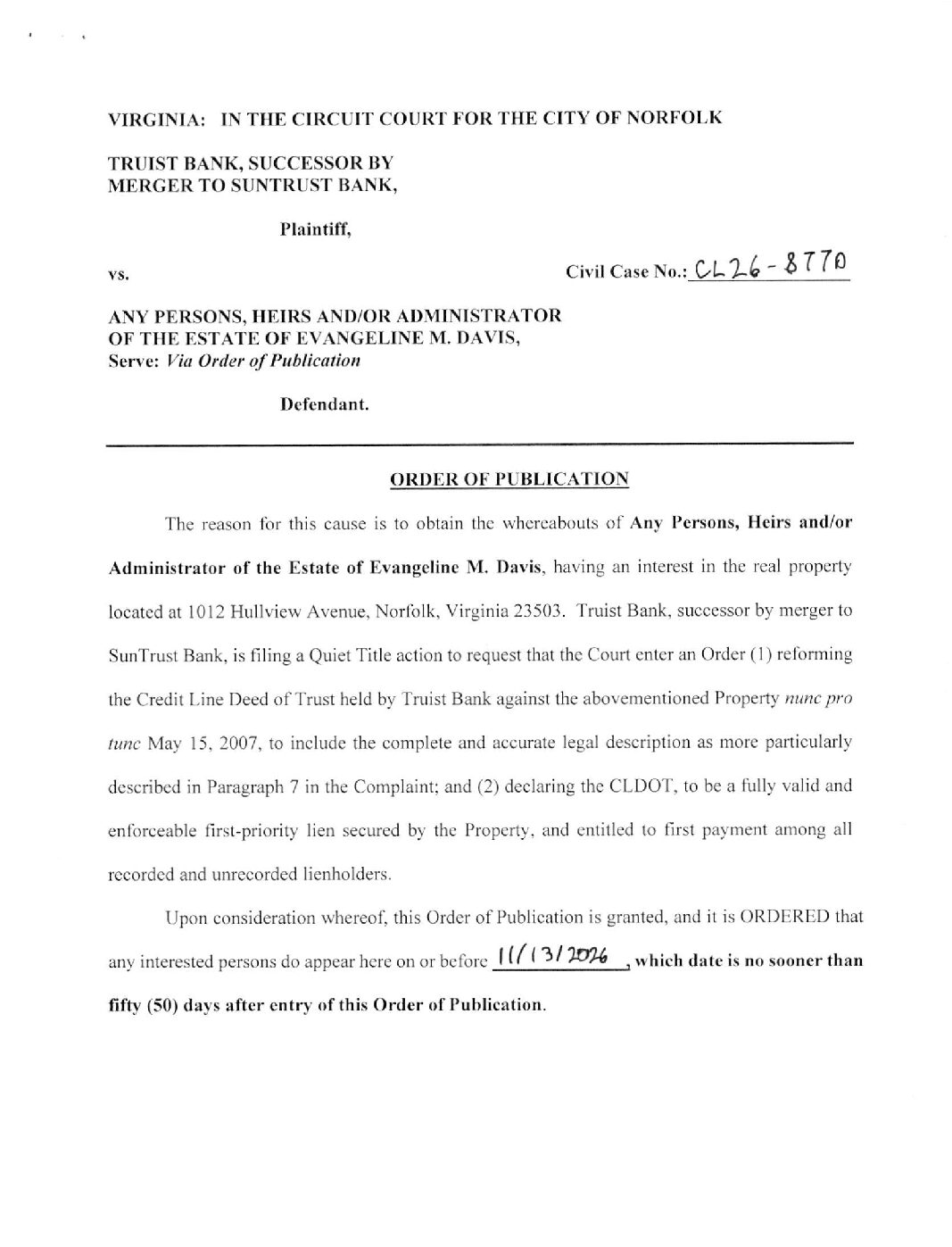 CL26-8770 Order of Publication
