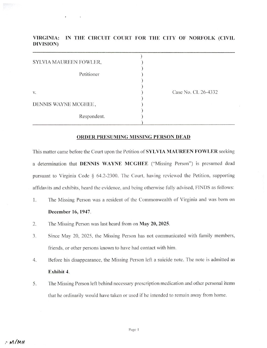 CL26-4332 Order Presuming Missing Person Dead